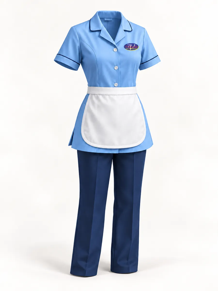 Ilustração de uniforme doméstico: blusa azul-clara, avental branco e calça azul-marinho, com a marca Irmãs Valentim