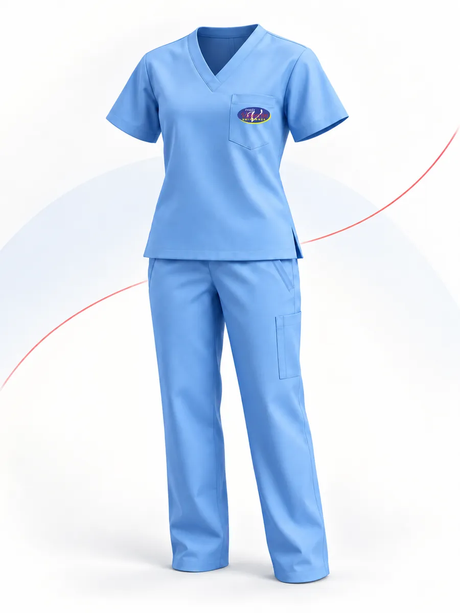 Ilustração de conjunto hospitalar azul-claro: blusa com decote em V e bolso, e calça, com a marca Irmãs Valentim