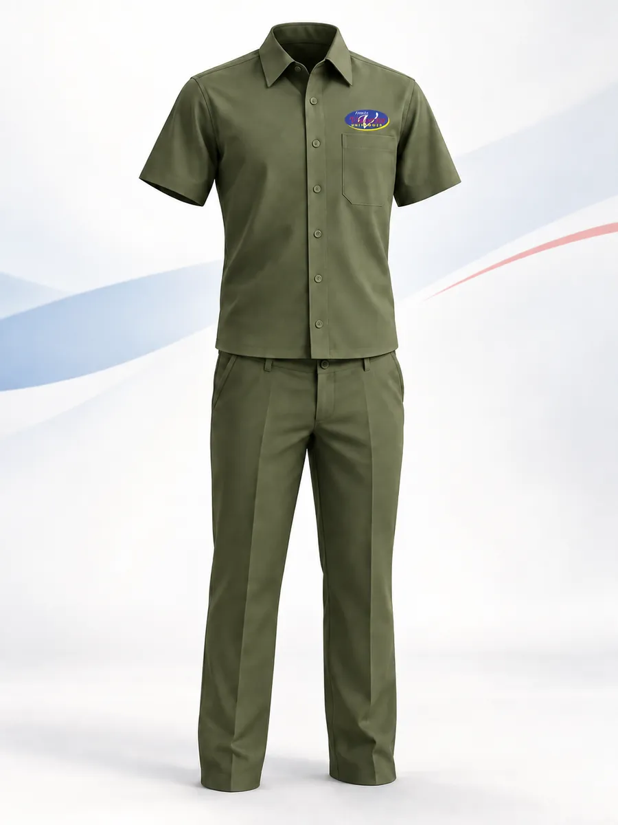 Ilustração de uniforme verde-oliva: camisa de manga curta e calça, com a marca Irmãs Valentim